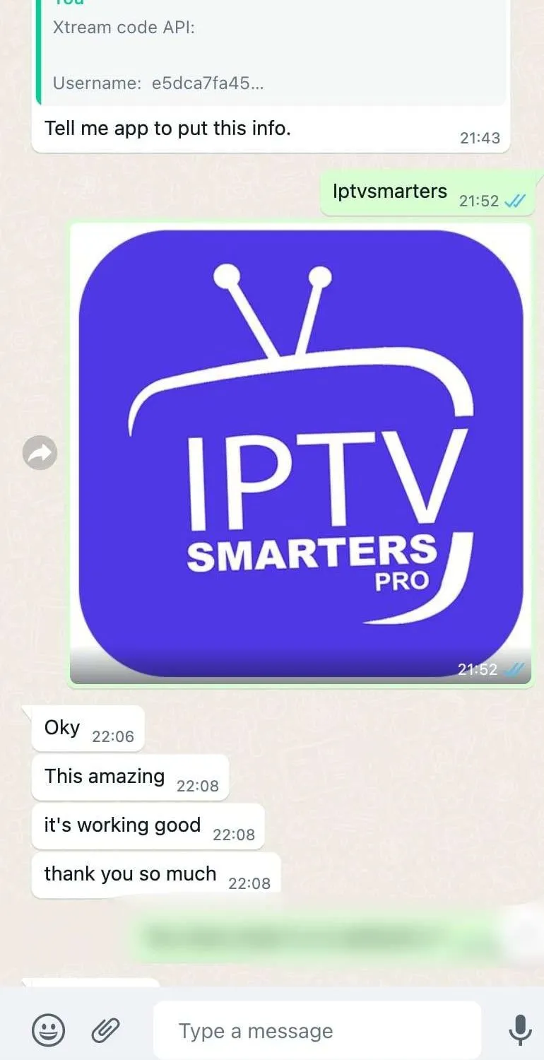 WhatsApp conversation: a customer is given their Xtream Codes login and confirms the app is working