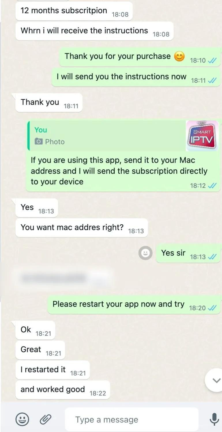 WhatsApp conversation: activation support and confirmation the subscription is live