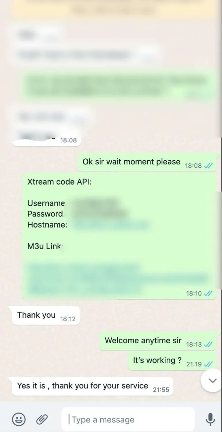 WhatsApp conversation: a customer asking about connection setup and thanking support